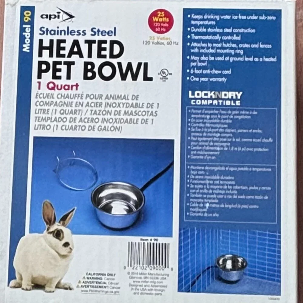 API Model 90 Heated Stainless Steel Bowl 1 Quart - Cage/Crate Mount (No-Freeze)